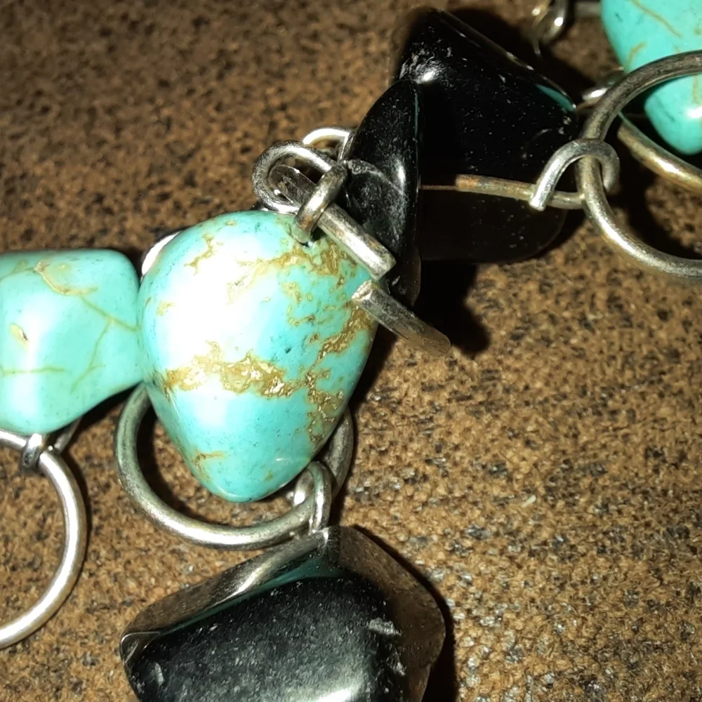 Turquoise and black genuine nugget multistrand necklace silvertone